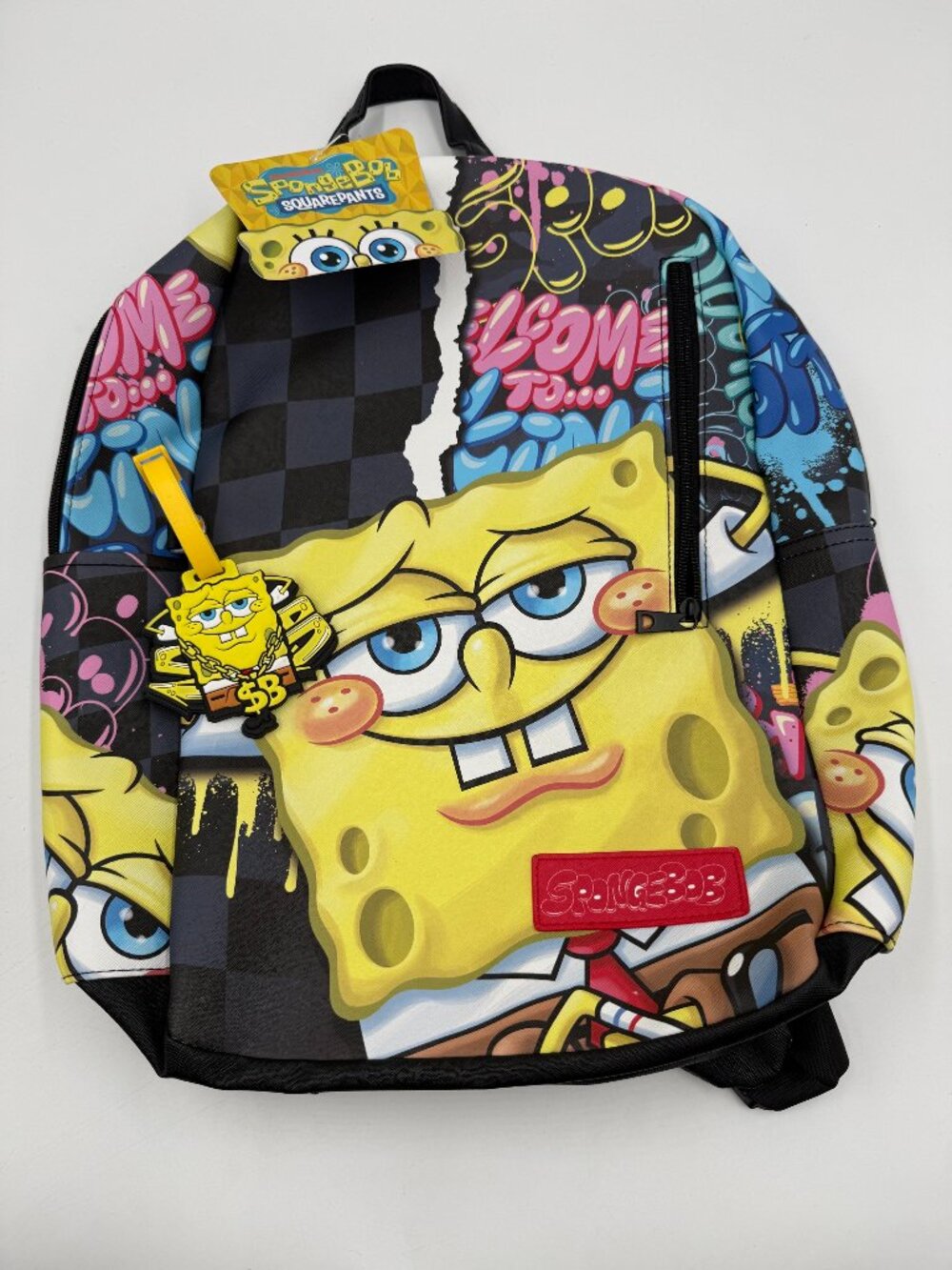 SpongeBob SquarePants Backpack 16" Saffiano Leather School Bookbag & Charm Kids